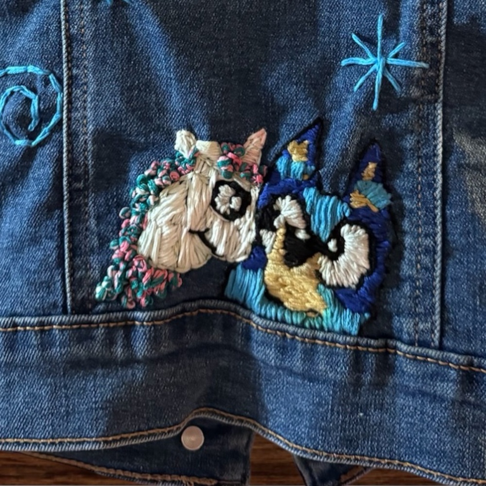 Old Navy size 8 Blue Denim Vest custom embroidery of a BLUE DOG and unicorn